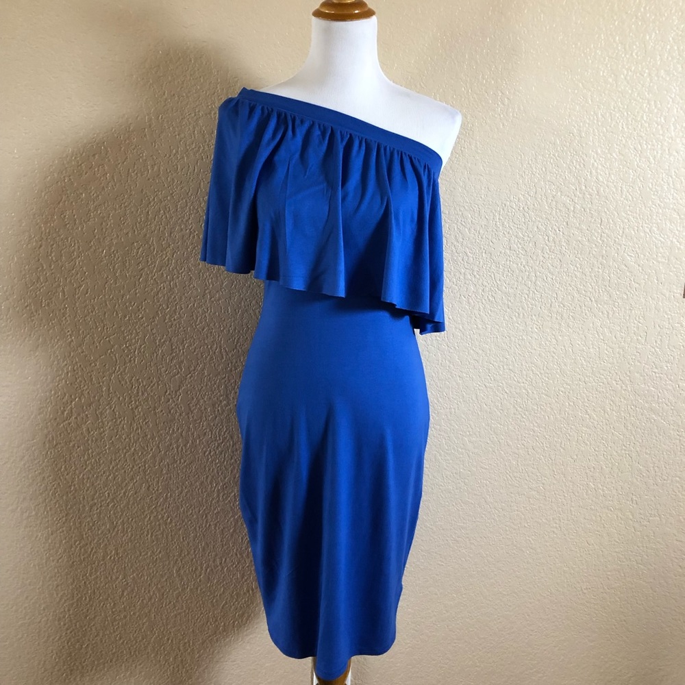 ​Three Dots Ruffle One-Shoulder Knit Dress - Size S NWOT​ Blue